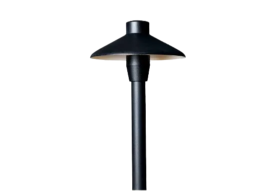 Black path light featured in the outdoor lighting section of the products page.