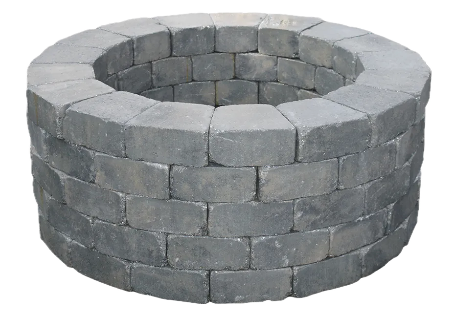 Ashland circular fire pit kit, tumbled-stone look with steel insert. Featured in the outdoor living section.