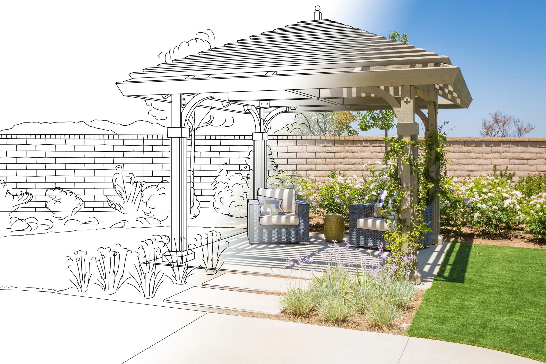 A sketch of a backyard that can be created by Newline Hardscapes, featured in the technical resources section.