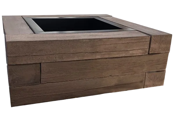Rosetta Heartwood fire pit kit with faux-wood concrete panels and square insert.