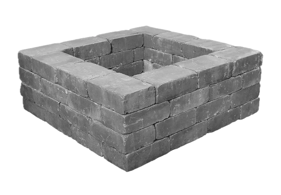Yorkshire square fire pit kit in gray with block construction and metal liner. Featured in the Outdoor Living section.