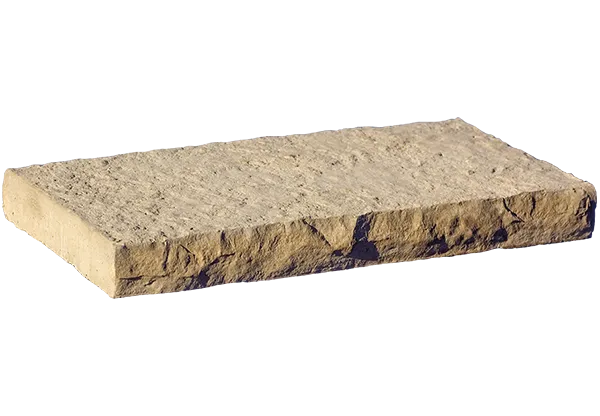 Dimensional coping stone with rough-hewn edge for wall caps and steps. Featured in the Rosetta Hardscapes section.