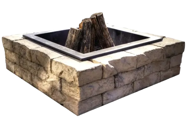 Tan stone fire pit system with a steel insert and logs of wood inside the pit.
